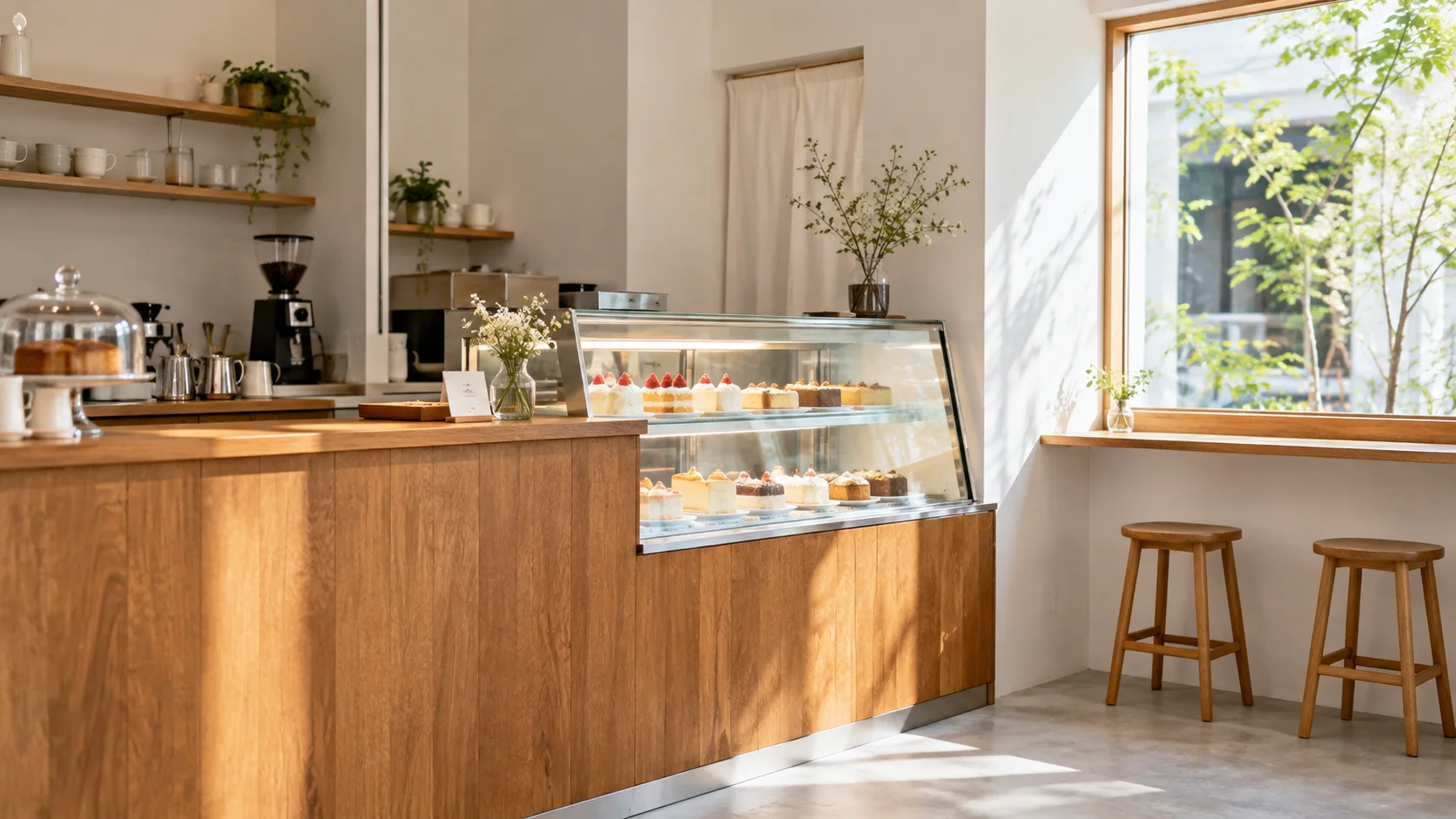 白い壁と木のカウンターがある小さなケーキ店の店内